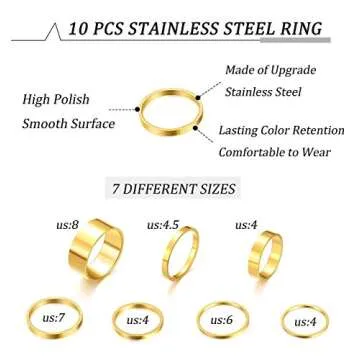 HAIAISO 10 Pcs Knuckle Rings Set Stainless Steel Ring Simple Smooth Finger Gold Stackable Rings Set for Women Plain Band Rings