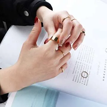 HAIAISO 10 Pcs Knuckle Rings Set Stainless Steel Ring Simple Smooth Finger Gold Stackable Rings Set for Women Plain Band Rings
