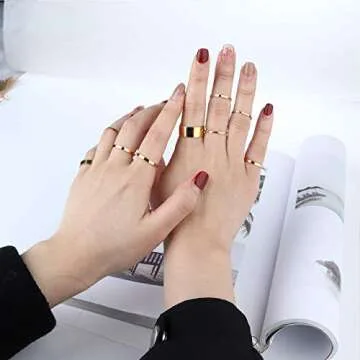 HAIAISO 10 Pcs Knuckle Rings Set Stainless Steel Ring Simple Smooth Finger Gold Stackable Rings Set for Women Plain Band Rings