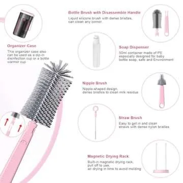MeryStar Travel Bottle Cleaner Kit, Baby Bottle Brush Set with Silicone, Bottle Cleaner Brush and Drying Rack for Travel and Family Visits, Gift for New Moms (Pink)