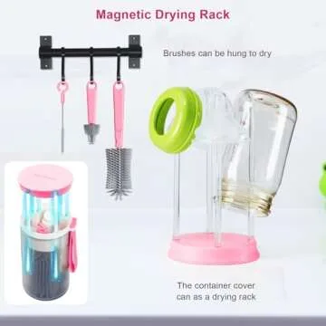 MeryStar Travel Bottle Cleaner Kit, Baby Bottle Brush Set with Silicone, Bottle Cleaner Brush and Drying Rack for Travel and Family Visits, Gift for New Moms (Pink)