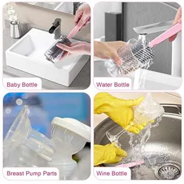 MeryStar Travel Bottle Cleaner Kit, Baby Bottle Brush Set with Silicone, Bottle Cleaner Brush and Drying Rack for Travel and Family Visits, Gift for New Moms (Pink)