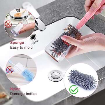 MeryStar Travel Bottle Cleaner Kit, Baby Bottle Brush Set with Silicone, Bottle Cleaner Brush and Drying Rack for Travel and Family Visits, Gift for New Moms (Pink)