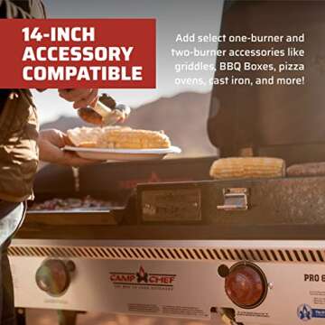 Camp Chef Pro 14 Cooking System - Two-Burner Camp Stove - Includes Windscreen & Matchless Ignition - Portable Camping Cooking Stove for Outdoor Cooking - 448 Sq In Cooking Area
