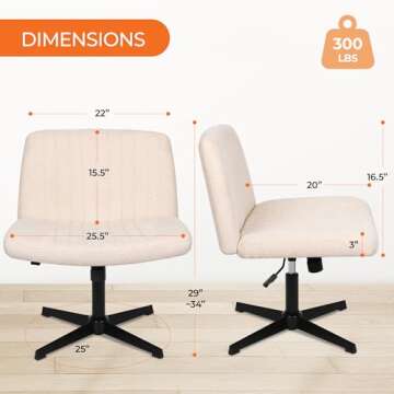 NEO CHAIR Criss Cross Chair No Wheels Armless Cross Legged Office Desk Wide Comfy Vanity Makeup Chai...