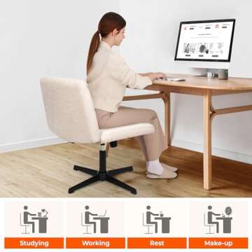 NEO CHAIR Criss Cross Chair No Wheels Armless Cross Legged Office Desk Wide Comfy Vanity Makeup Chair Adjustable Computer Task for Home Office Fabric (Beige)