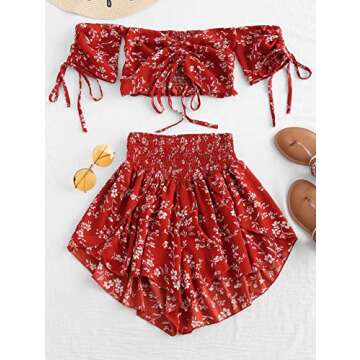 DEZZAL ZAFUL Women's Two Piece Off Shoulder Floral Smocked Crop Top and Shorts Set (W-Chestnut Red, XXL)