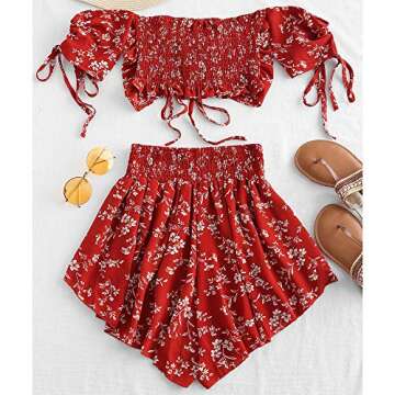 DEZZAL ZAFUL Women's Two Piece Off Shoulder Floral Smocked Crop Top and Shorts Set (W-Chestnut Red, XXL)