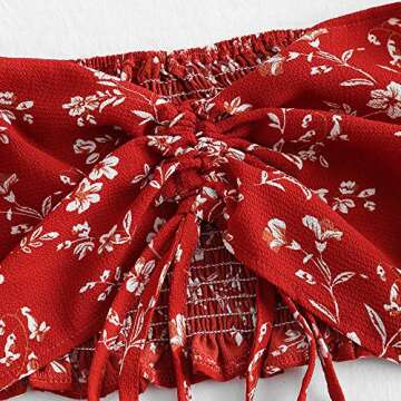 DEZZAL ZAFUL Women's Two Piece Off Shoulder Floral Smocked Crop Top and Shorts Set (W-Chestnut Red, XXL)