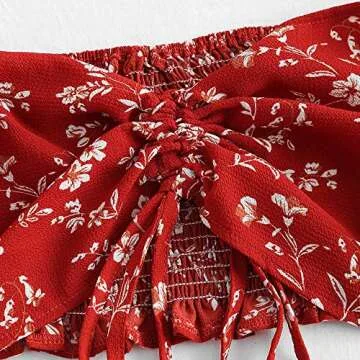 DEZZAL ZAFUL Women's Two Piece Off Shoulder Floral Smocked Crop Top and Shorts Set (W-Chestnut Red, XXL)