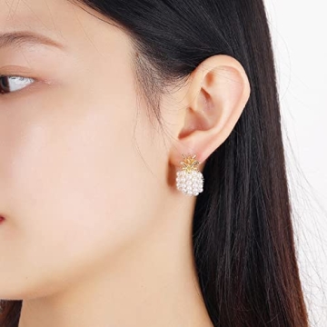 Pineapple Fruit Earrings, Pearl Pineapple Dangle Earrings for Women, Bohemian Beaded Pineapple Earrings, Pineapple Stud Earrings Pineapple Boho Jewelry, Zinc, no