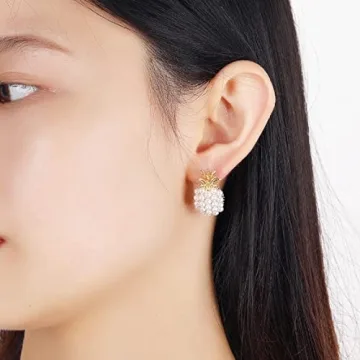 Pineapple Fruit Earrings, Pearl Pineapple Dangle Earrings for Women, Bohemian Beaded Pineapple Earrings, Pineapple Stud Earrings Pineapple Boho Jewelry, Zinc, no