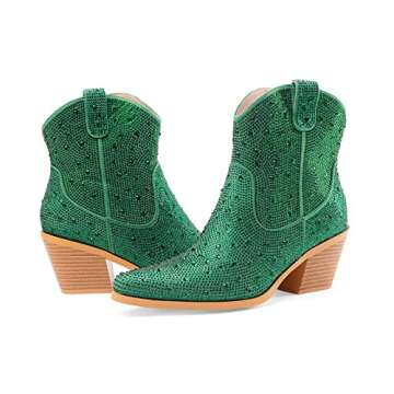 Oh Mispares Women's Sparkly Glitter Green Rhinestone Cowboy Ankle Boots Western Pointed Toe Low Block Heel Cowgirl Booties with Zipper(green,7)