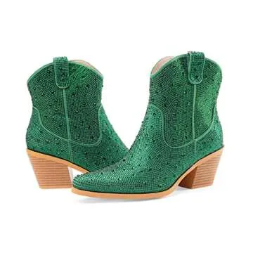 Oh Mispares Women's Sparkly Glitter Green Rhinestone Cowboy Ankle Boots Western Pointed Toe Low Block Heel Cowgirl Booties with Zipper(green,7)