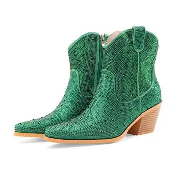 Oh Mispares Women's Sparkly Glitter Green Rhinestone Cowboy Ankle Boots Western Pointed Toe Low Block Heel Cowgirl Booties with Zipper(green,7)