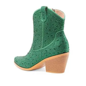 Oh Mispares Women's Sparkly Glitter Green Rhinestone Cowboy Ankle Boots Western Pointed Toe Low Block Heel Cowgirl Booties with Zipper(green,7)