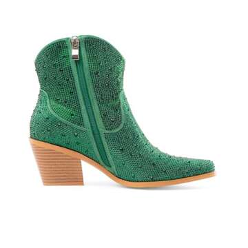 Oh Mispares Women's Sparkly Glitter Green Rhinestone Cowboy Ankle Boots Western Pointed Toe Low Block Heel Cowgirl Booties with Zipper(green,7)