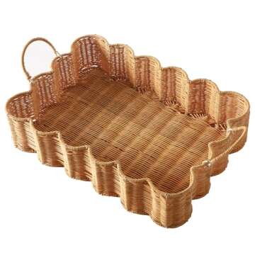 Scalloped Edge Rattan Tray Basket,17"*12"*4" Super Hard Rectangle Hand Woven Wicker Serving Tray with Handles, Seagrass Decoratve Tray for Coffee Table (Rattan-Cream Color-17 * 12 * 4")