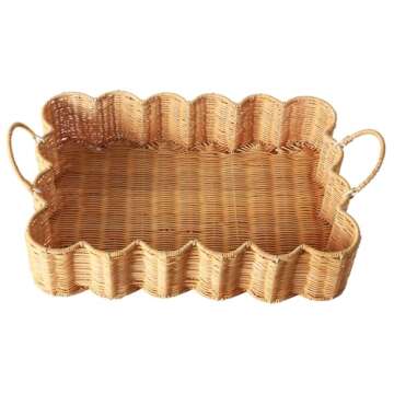 Scalloped Edge Rattan Tray Basket,17"*12"*4" Super Hard Rectangle Hand Woven Wicker Serving Tray with Handles, Seagrass Decoratve Tray for Coffee Table (Rattan-Cream Color-17 * 12 * 4")