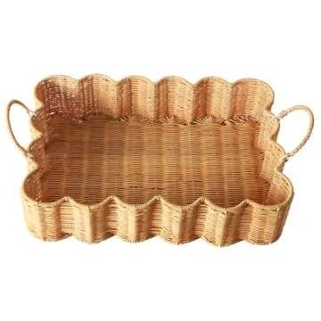 Scalloped Edge Rattan Tray Basket,17"*12"*4" Super Hard Rectangle Hand Woven Wicker Serving Tray with Handles, Seagrass Decoratve Tray for Coffee Table (Rattan-Cream Color-17 * 12 * 4")