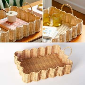 Scalloped Edge Rattan Tray Basket,17"*12"*4" Super Hard Rectangle Hand Woven Wicker Serving Tray with Handles, Seagrass Decoratve Tray for Coffee Table (Rattan-Cream Color-17 * 12 * 4")
