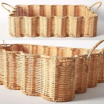Scalloped Edge Rattan Tray Basket,17"*12"*4" Super Hard Rectangle Hand Woven Wicker Serving Tray with Handles, Seagrass Decoratve Tray for Coffee Table (Rattan-Cream Color-17 * 12 * 4")