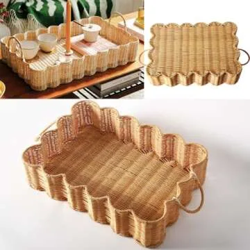 Scalloped Edge Rattan Tray Basket,17"*12"*4" Super Hard Rectangle Hand Woven Wicker Serving Tray with Handles, Seagrass Decoratve Tray for Coffee Table (Rattan-Cream Color-17 * 12 * 4")