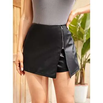Stylish MakeMeChic Women's Faux Leather Zipper Skorts