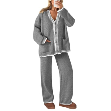 PRETTYGARDEN Women's 2 Piece Outfits Knit Matching Lounge Sets Long Sleeve V Neck Cardigan Sweaters ...
