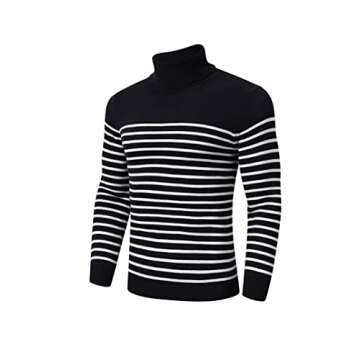 TURETRENDY Men's Striped Turtleneck Sweater Casual Pullover Slim Fit Ribbed Knitted Sweater Black S
