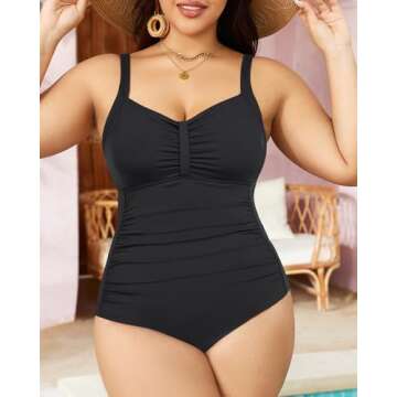 Tempt Me Women Black Ruched Slimming One Piece Swimsuits Tummy Control Vintage Bathing Suits M