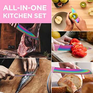 HAUSHOF Kitchen Knife Set, 5 PCS Rainbow Knife Sets with Arcylic Block, Titanium Coated Pink Knives ...