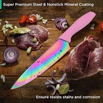 HAUSHOF Kitchen Knife Set, 5 PCS Rainbow Knife Sets with Arcylic Block, Titanium Coated Pink Knives Set for Kitchen, Stainless Steel Knives Set with Ergonomic Handle, Great for Slicing, Dicing&Cutting
