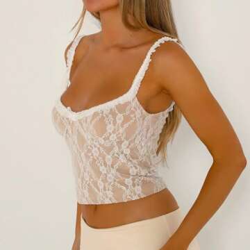 Women Y2K Lace Cami Tank Top Sheer Mesh Spaghetti Strap Sleeveless Crop Tops Camisole Sexy Summer Going Out Tops(Lace Trim Khaki, Small)