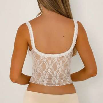 Women Y2K Lace Cami Tank Top Sheer Mesh Spaghetti Strap Sleeveless Crop Tops Camisole Sexy Summer Going Out Tops(Lace Trim Khaki, Small)