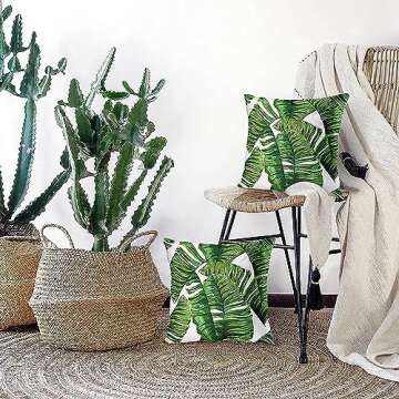 Emvency Set of 2 Throw Pillow Covers Tropical Artistic Vintage Green Palm Leaf Decorative Pillow Cases Home Decor Standard Square 18x18 Inches Summer White Pillowcases