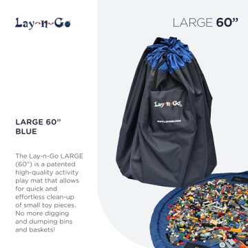 Lay-n-Go 4-in-1 Drawstring Toy Storage Organizer Mat - Durable Machine Washable Drawstring Bag for Lego & Other Toys - Easy-to-Clean Pull String Bag w/ 4 Mesh Pockets & Raised Lip (60”, Blue)