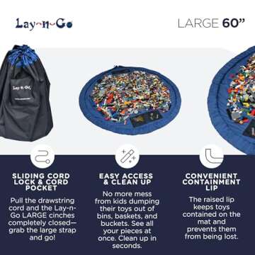 Lay-n-Go 4-in-1 Drawstring Toy Storage Organizer Mat - Durable Machine Washable Drawstring Bag for Lego & Other Toys - Easy-to-Clean Pull String Bag w/ 4 Mesh Pockets & Raised Lip (60”, Blue)