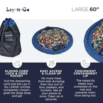 Lay-n-Go 4-in-1 Drawstring Toy Storage Organizer Mat - Durable Machine Washable Drawstring Bag for Lego & Other Toys - Easy-to-Clean Pull String Bag w/ 4 Mesh Pockets & Raised Lip (60”, Blue)