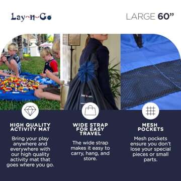 Lay-n-Go 4-in-1 Drawstring Toy Storage Organizer Mat - Durable Machine Washable Drawstring Bag for Lego & Other Toys - Easy-to-Clean Pull String Bag w/ 4 Mesh Pockets & Raised Lip (60”, Blue)