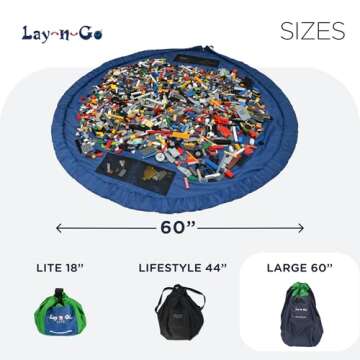 Lay-n-Go 4-in-1 Drawstring Toy Storage Organizer Mat - Durable Machine Washable Drawstring Bag for Lego & Other Toys - Easy-to-Clean Pull String Bag w/ 4 Mesh Pockets & Raised Lip (60”, Blue)