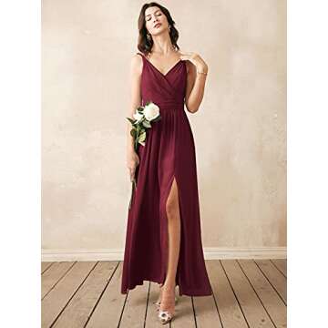 ALICEPUB V-Neck Bridesmaid Dresses for Women Chiffon Long Formal Evening Dress, Burgundy, US4