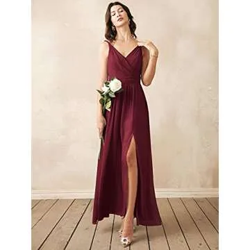 ALICEPUB V-Neck Bridesmaid Dresses for Women Chiffon Long Formal Evening Dress, Burgundy, US4