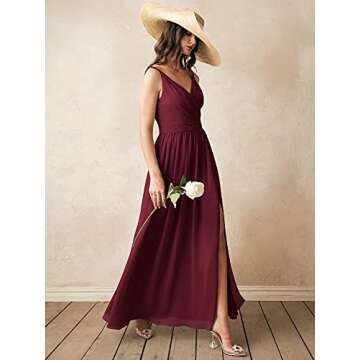 ALICEPUB V-Neck Bridesmaid Dresses for Women Chiffon Long Formal Evening Dress, Burgundy, US4