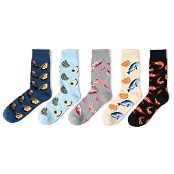 SherryDC Men's Seafood Pattern Cartoon Novelty Crazy Funny Casual Crew Socks 5-Pack