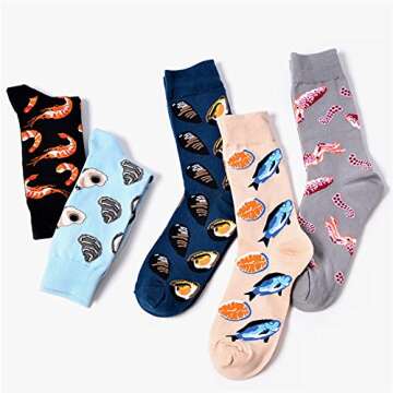 SherryDC Men's Seafood Pattern Cartoon Novelty Crazy Funny Casual Crew Socks 5-Pack
