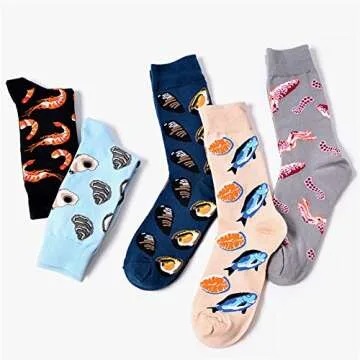 SherryDC Men's Seafood Pattern Cartoon Novelty Crazy Funny Casual Crew Socks 5-Pack