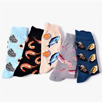SherryDC Men's Seafood Pattern Cartoon Novelty Crazy Funny Casual Crew Socks 5-Pack