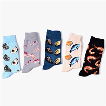 SherryDC Men's Seafood Pattern Cartoon Novelty Crazy Funny Casual Crew Socks 5-Pack