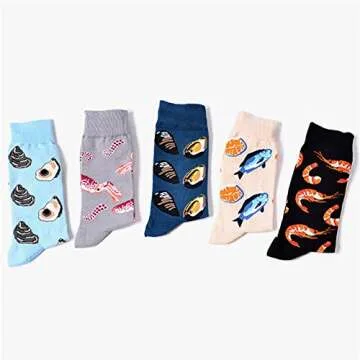 SherryDC Men's Seafood Pattern Cartoon Novelty Crazy Funny Casual Crew Socks 5-Pack